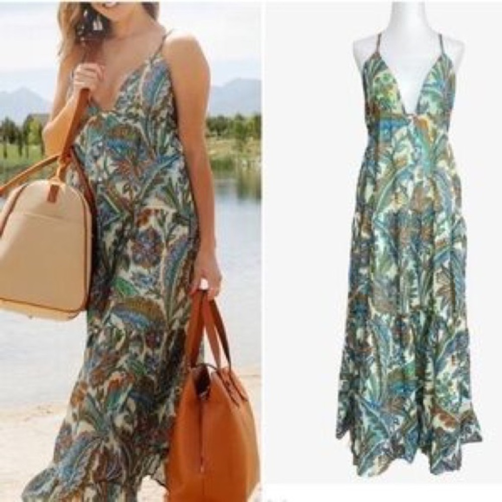 House of Harlow Blue Green Paisley Maxi Dress Tiered Flowy Strappy Tie Back M